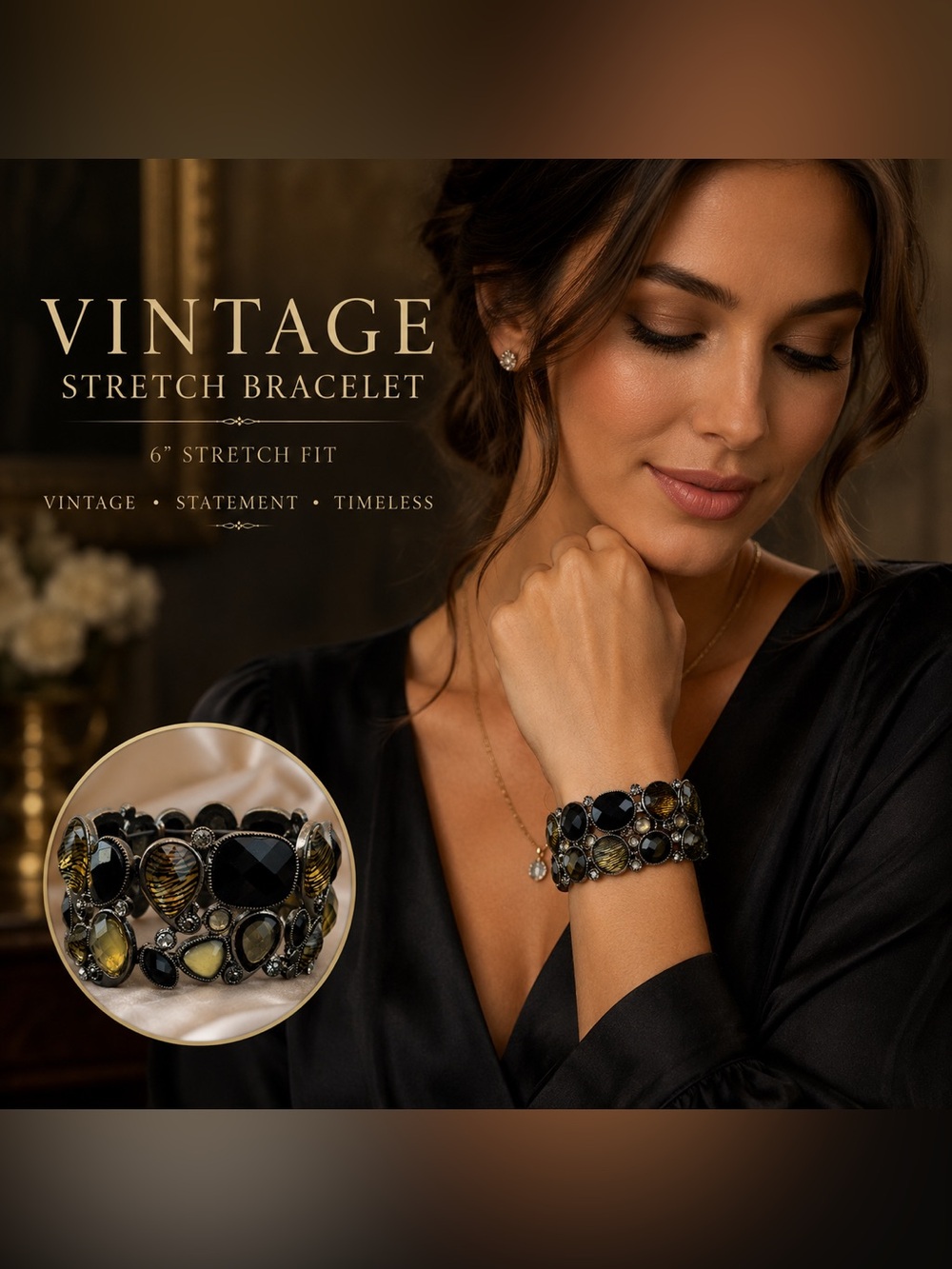 Vintage Statement Bracelet Black & Smoky Faceted Stones 6” Stretch Fit